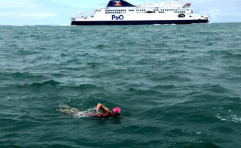 Vera Rivard of New Hampshire swims across the English Channel