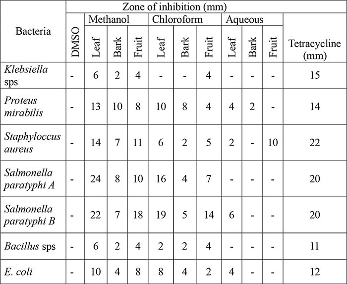 Antibacterial activity of Aegle marmelos against leaf, bark and fruit extracts